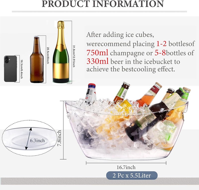 tchrules Ice Bucket 2 PCS, Thickened Ice Buckets for Parties, Mimosa Bar Supplies Beverage Tub for Champagne Beer Sparkling Wine Cocktails（5.5L) 16.5 * 7.3 * 6.8inch - Image 3